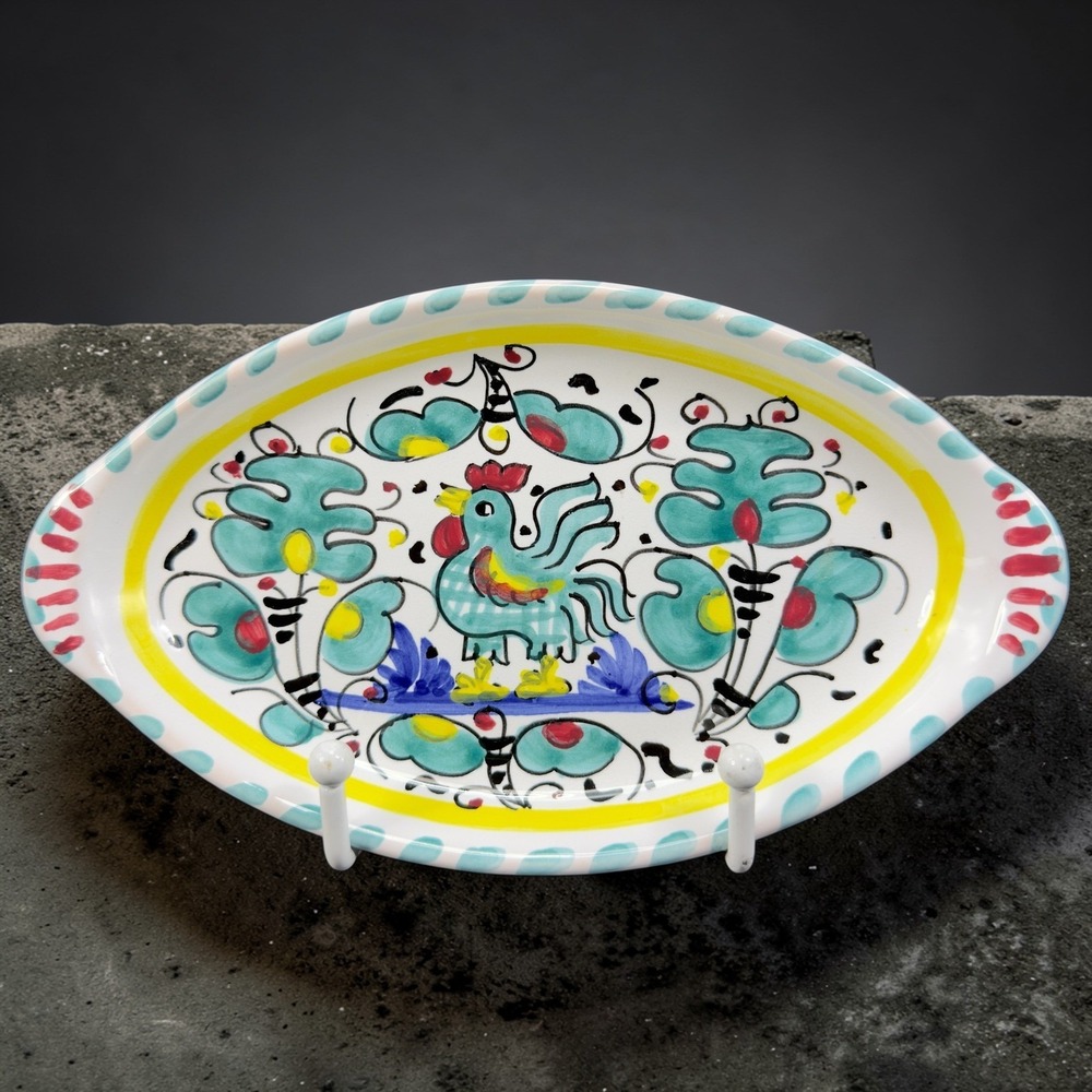 KS Made in Italy Ceramic Oval Rooster Dish Hand Painted Floral Serving Platter‎